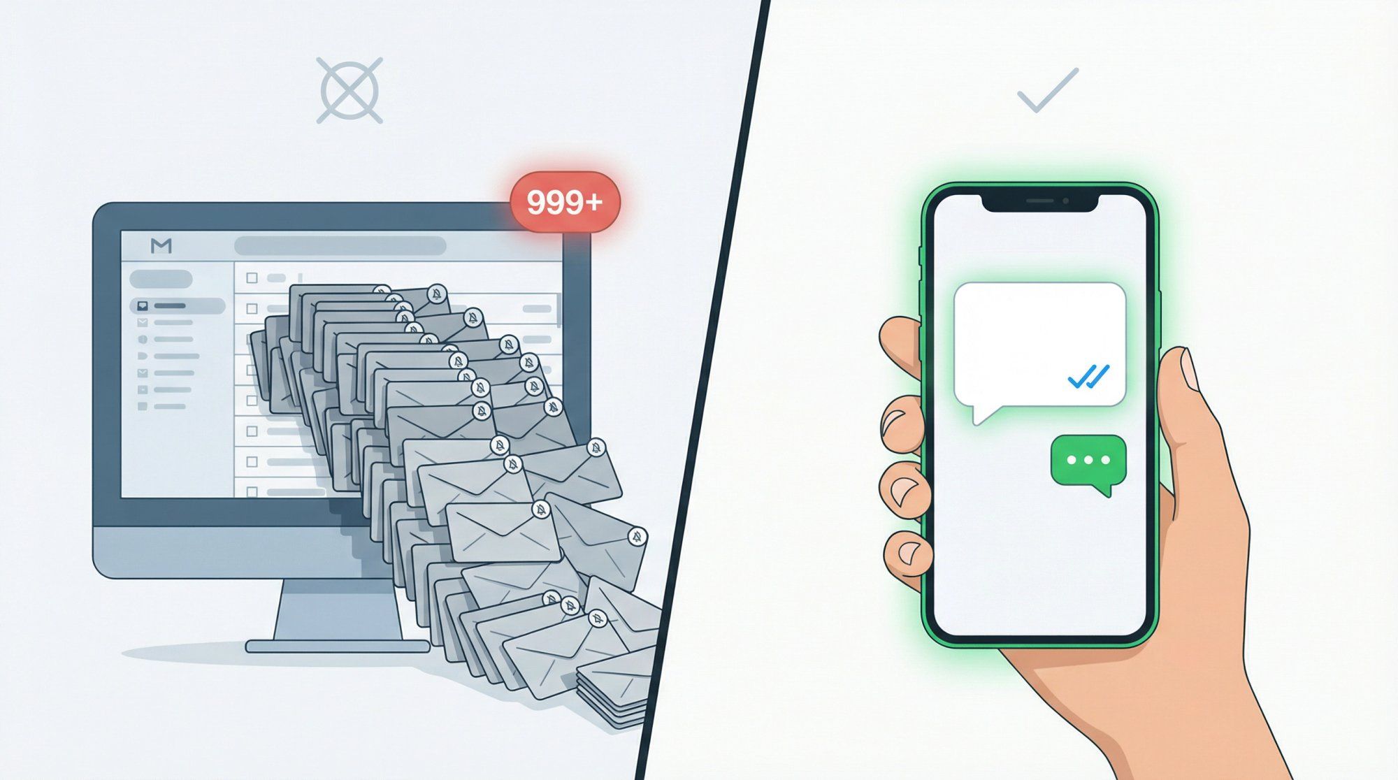 Editorial illustration contrasting high-volume email spam with a single precise WhatsApp message that gets read and replied to