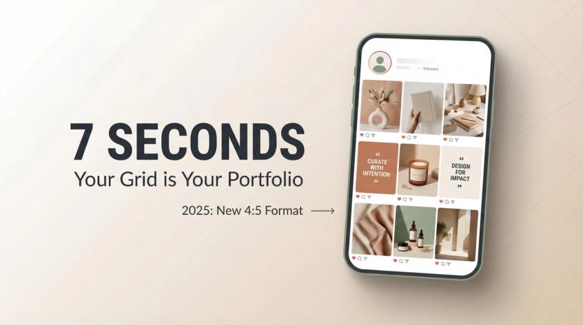 Editorial illustration of an Instagram profile grid showcasing the 4:5 aspect ratio layout with cohesive visual design