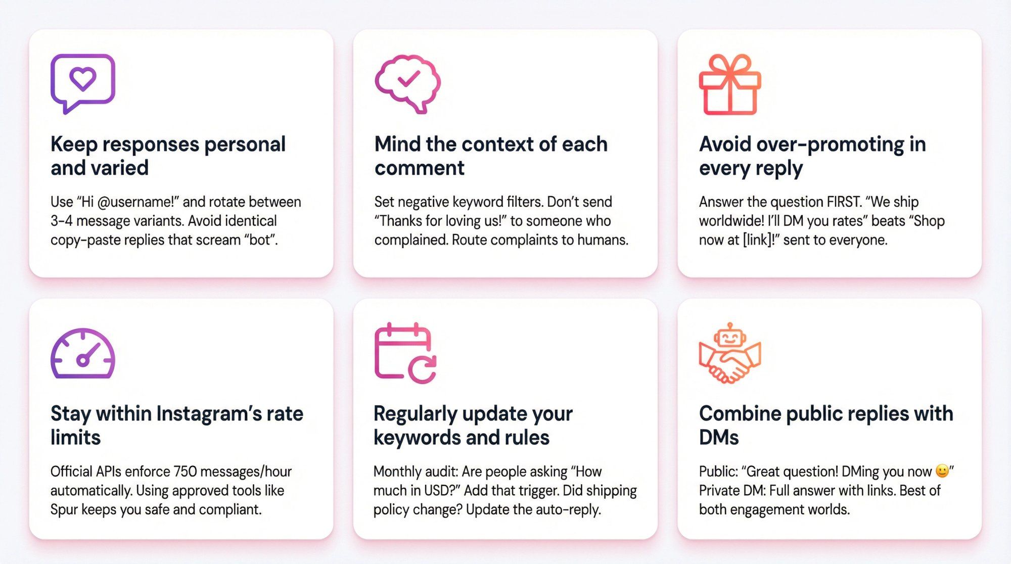 Six-panel grid showcasing Instagram auto-reply best practices with clean icons and real-world examples