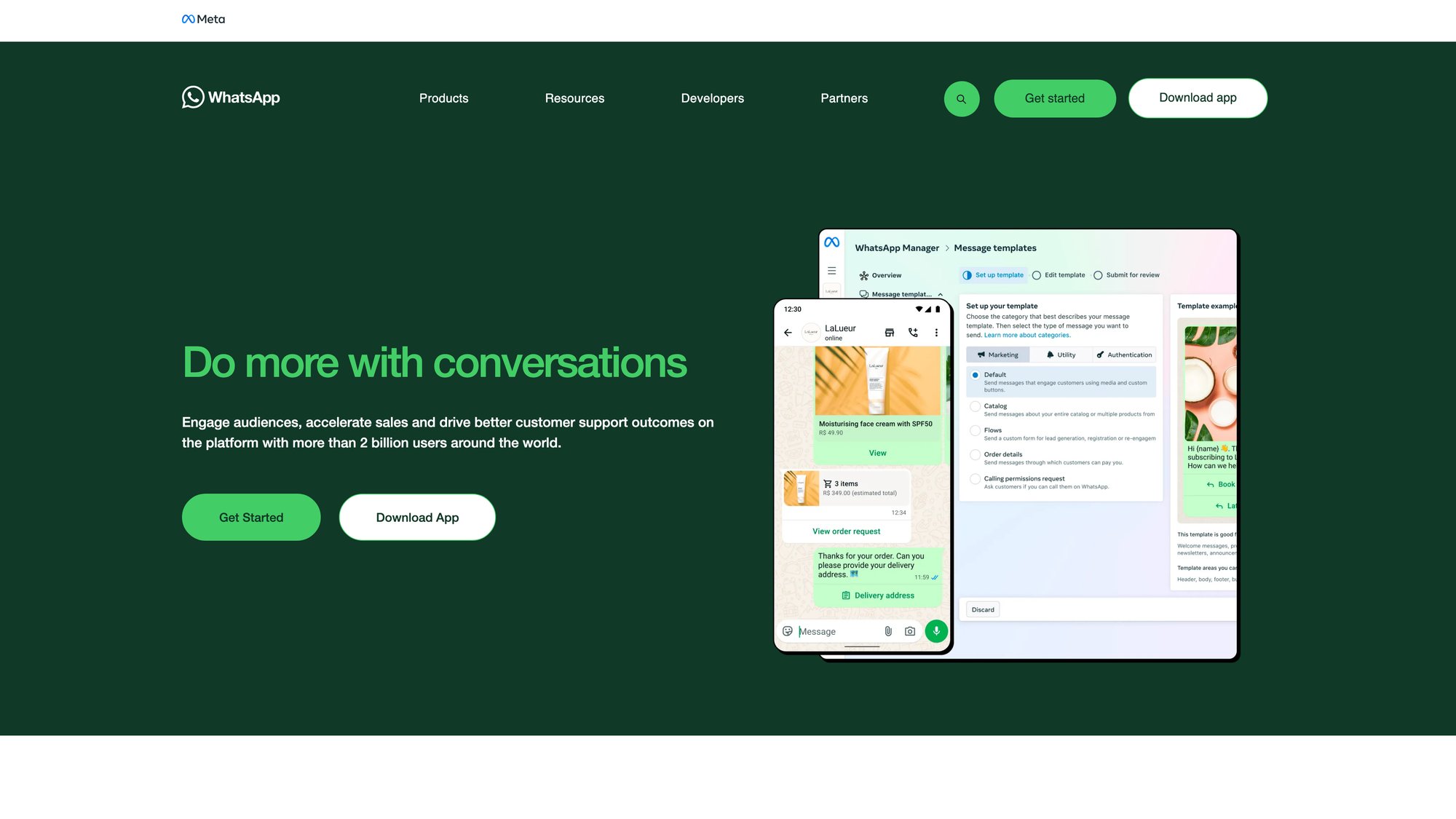 WhatsApp Business official homepage showing platform for customer messaging and business communication