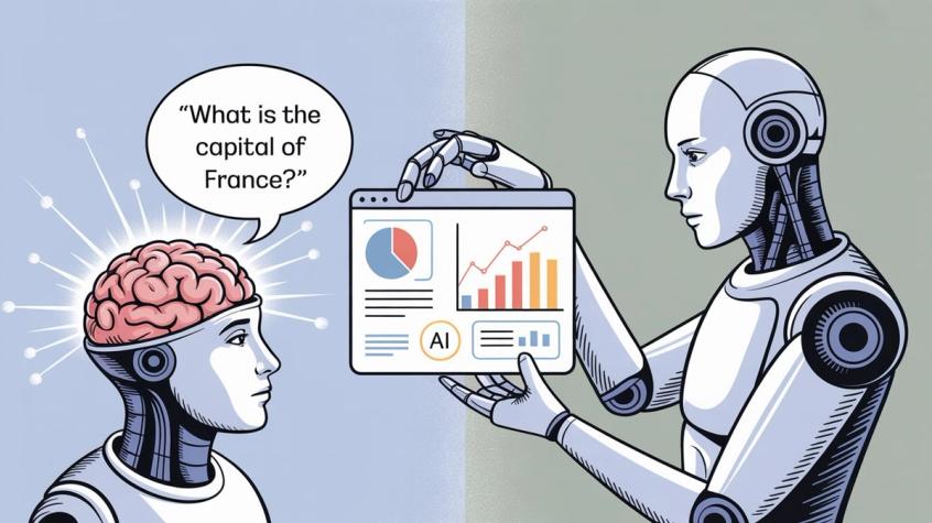 Comparison showing basic AI asking simple questions versus advanced AI performing business analytics and data tasks