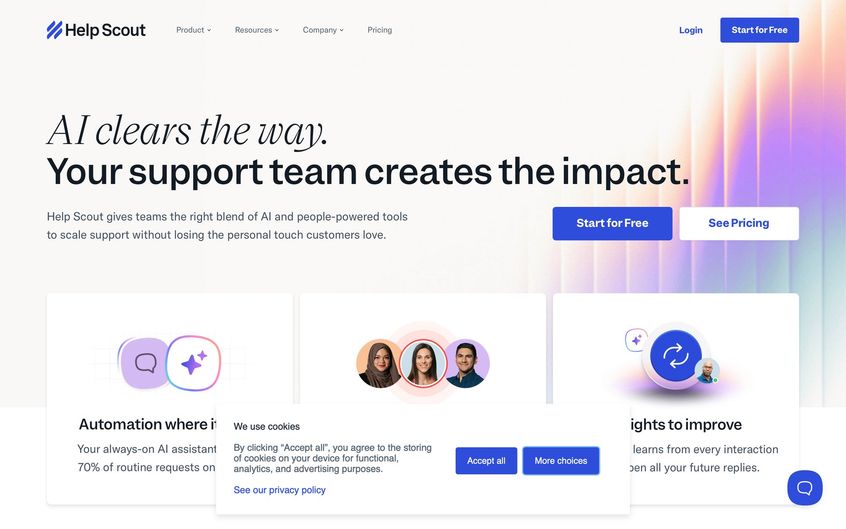 A homepage for Help Scout, an AI-powered customer support platform, with headlines, feature cards, and navigation.