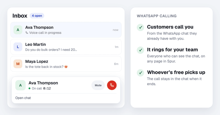 A customer calls a business on WhatsApp and the call rings in Spur for everyone on the team