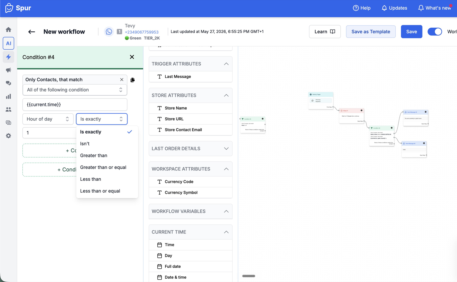 Workflow Builder condition panel with a current time variable and a list of date and time attributes