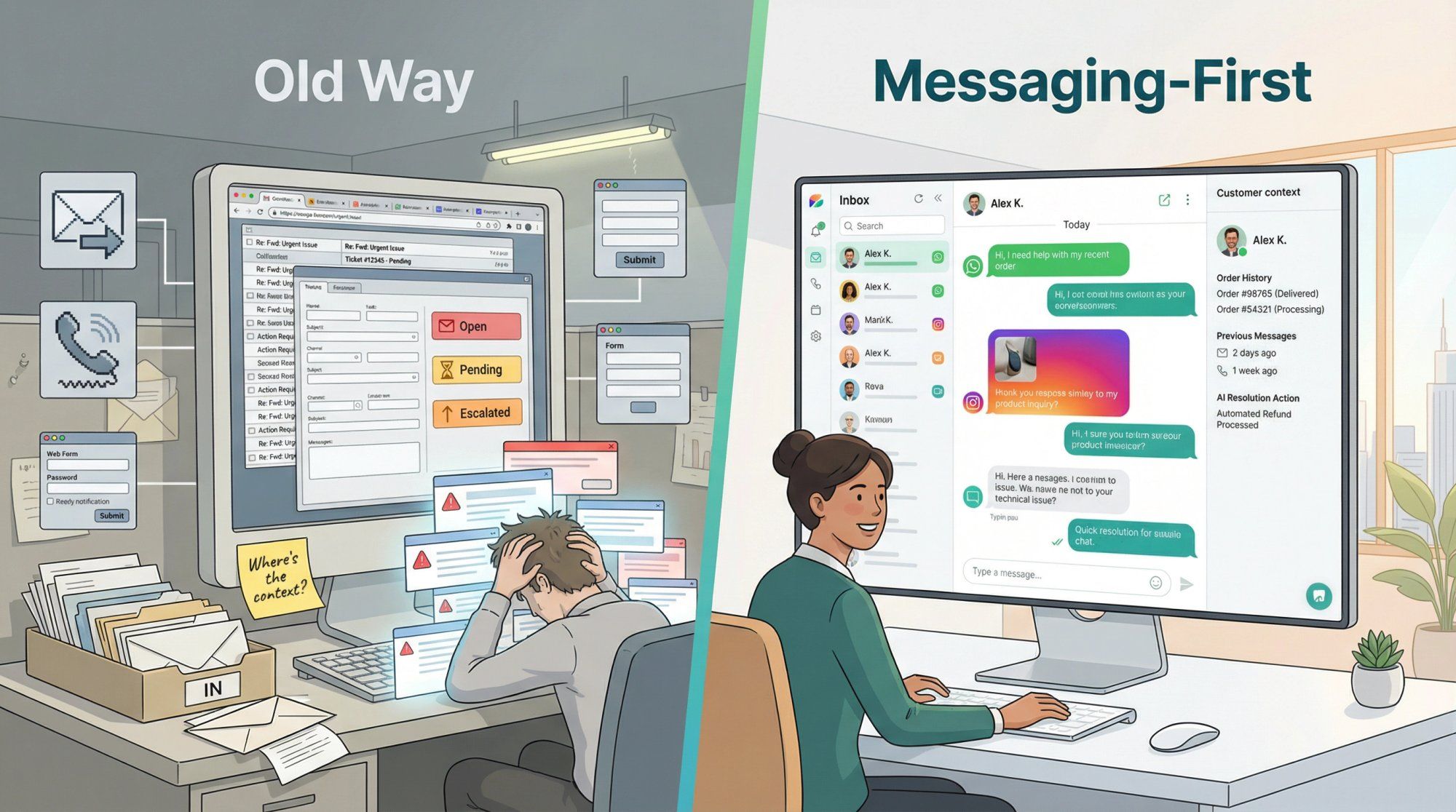 Split editorial illustration: legacy ticket-based helpdesk on left vs modern unified messaging inbox on right