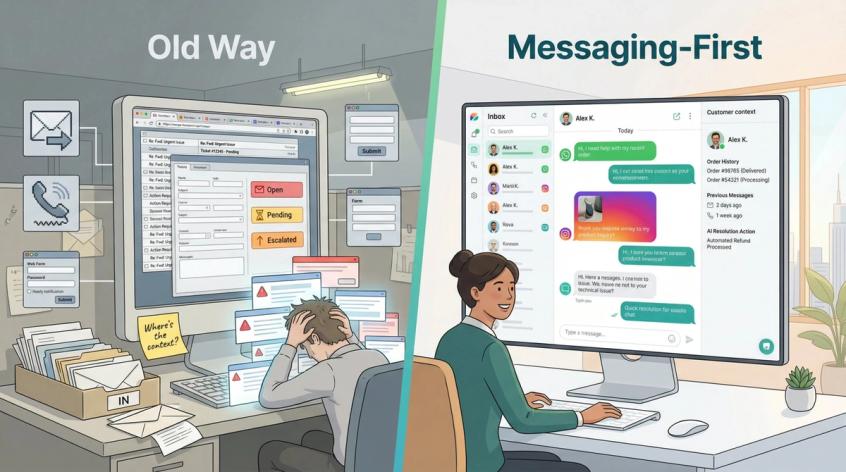 Split editorial illustration: legacy ticket-based helpdesk on left vs modern unified messaging inbox on right