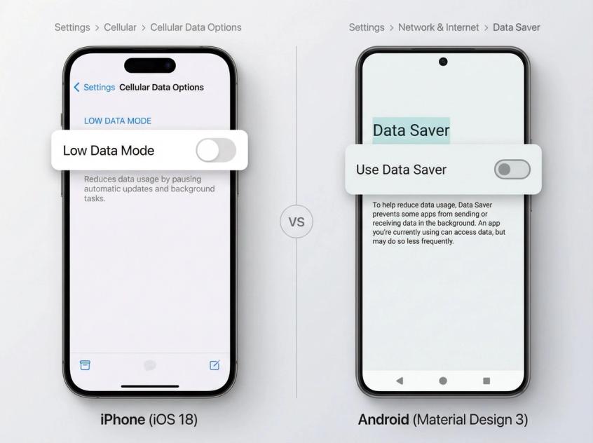 Side-by-side comparison of iPhone and Android data saver settings screens showing toggle switches
