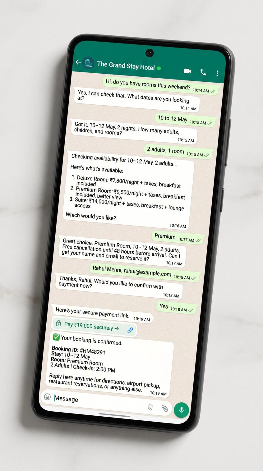 Smartphone mockup showing WhatsApp hotel booking flow: room options in rupees, payment link, and confirmed booking ID #HM48291
