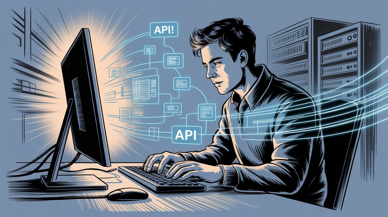 Developer working on API integration and webhook configuration with technical workflow visualization in background