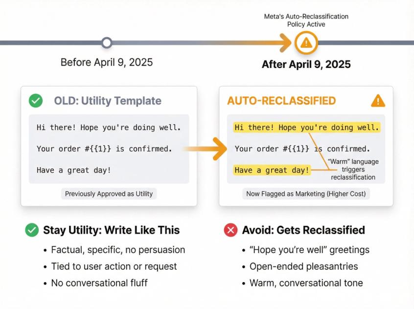 Timeline diagram showing Meta's automatic template category reclassification policy from April 2025, with before/after examples of utility templates being moved to marketing