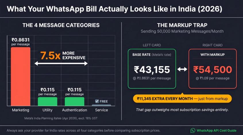 WhatsApp message cost breakdown India 2026: 7.5x gap between marketing and utility rates, and how provider markup inflates bills