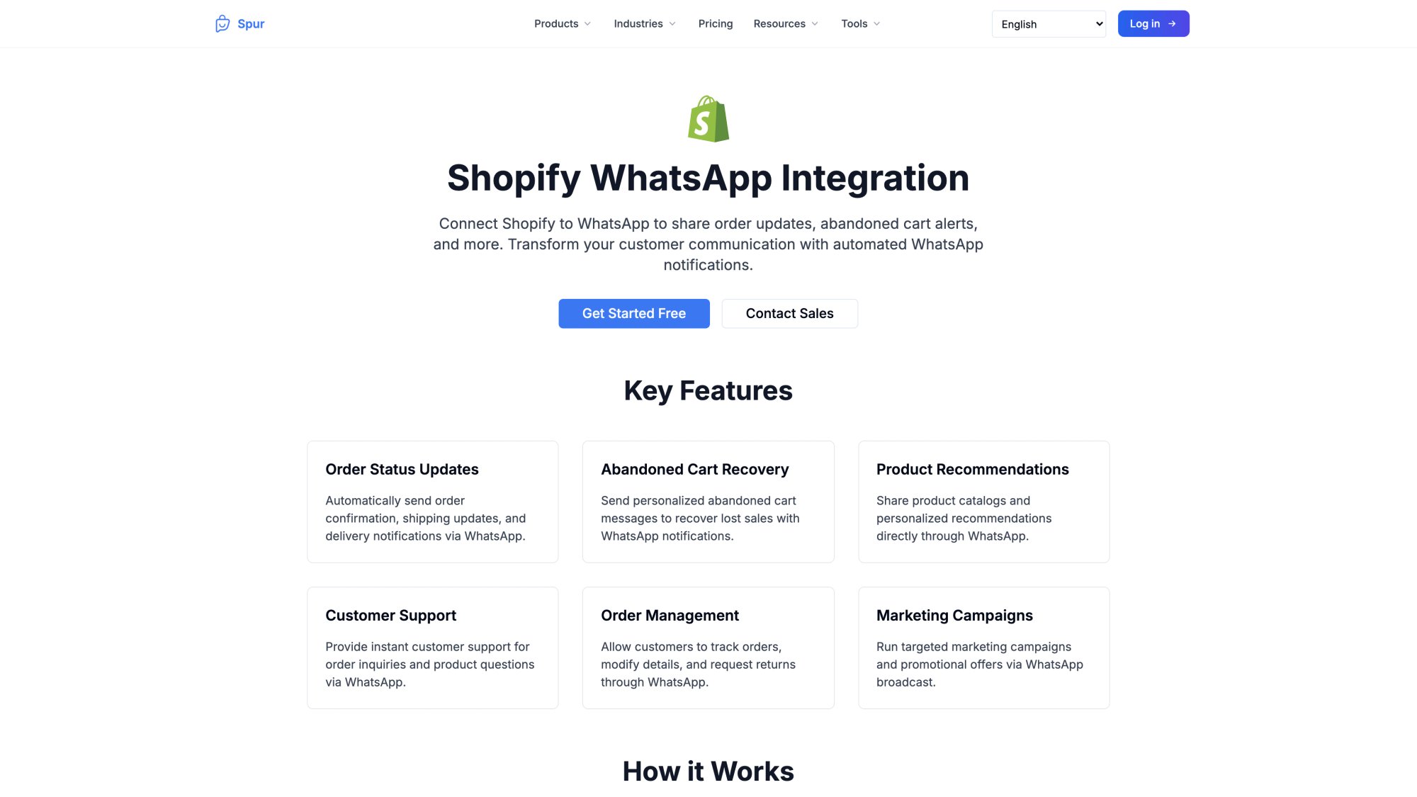 Spur Shopify integration showing order tracking and abandoned cart recovery on WhatsApp