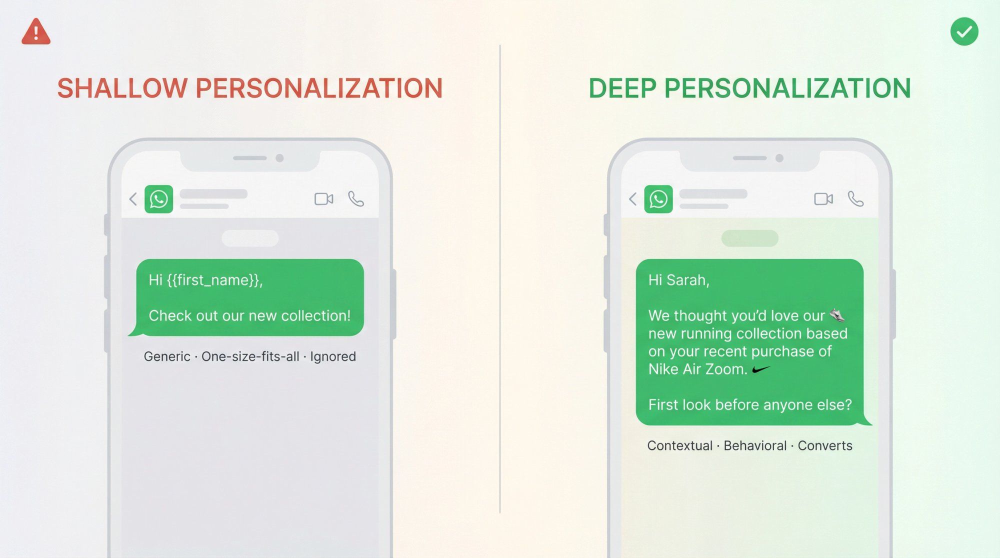 Split comparison showing shallow personalization (just first name) vs deep personalization with purchase history, location, and behavioral data in WhatsApp messages