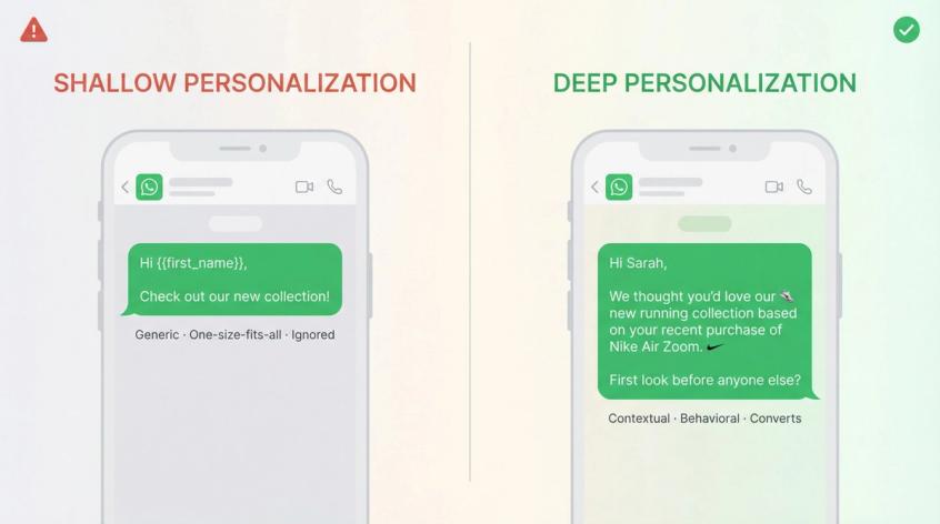 Split comparison showing shallow personalization (just first name) vs deep personalization with purchase history, location, and behavioral data in WhatsApp messages