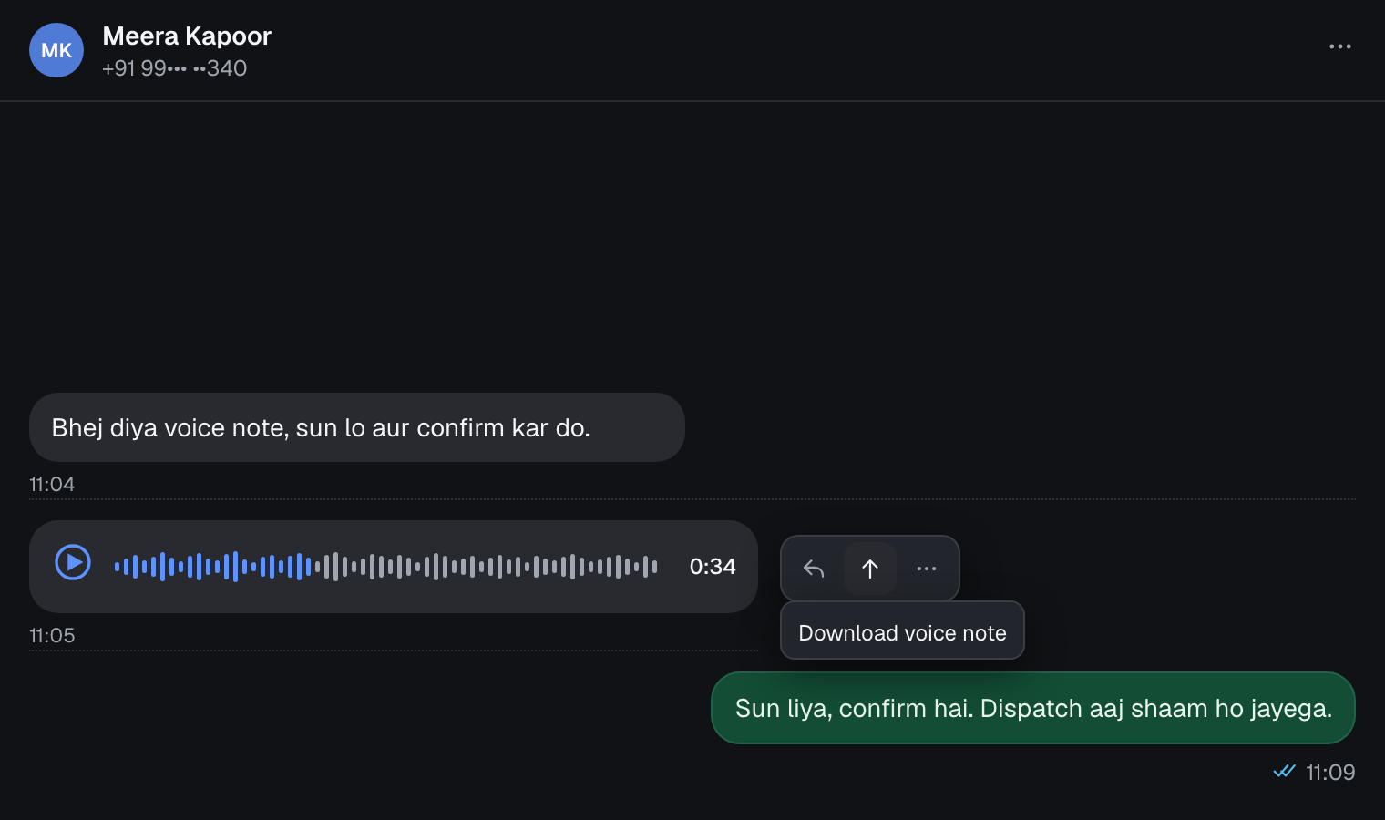 A voice note in a Spur conversation with a download voice note action visible