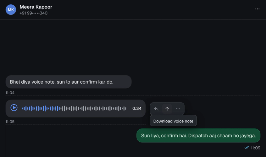 A voice note in a Spur conversation with a download voice note action visible