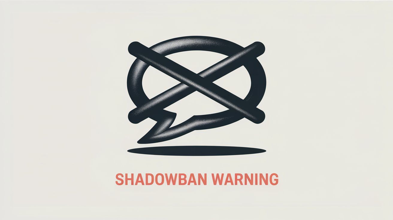 Shadowban warning illustration showing blocked comment icon with alert message indicating spam detection