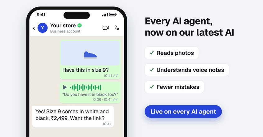 A customer sends a photo asking about size 9 and a voice note asking about black, and the AI agent replies that both are in stock