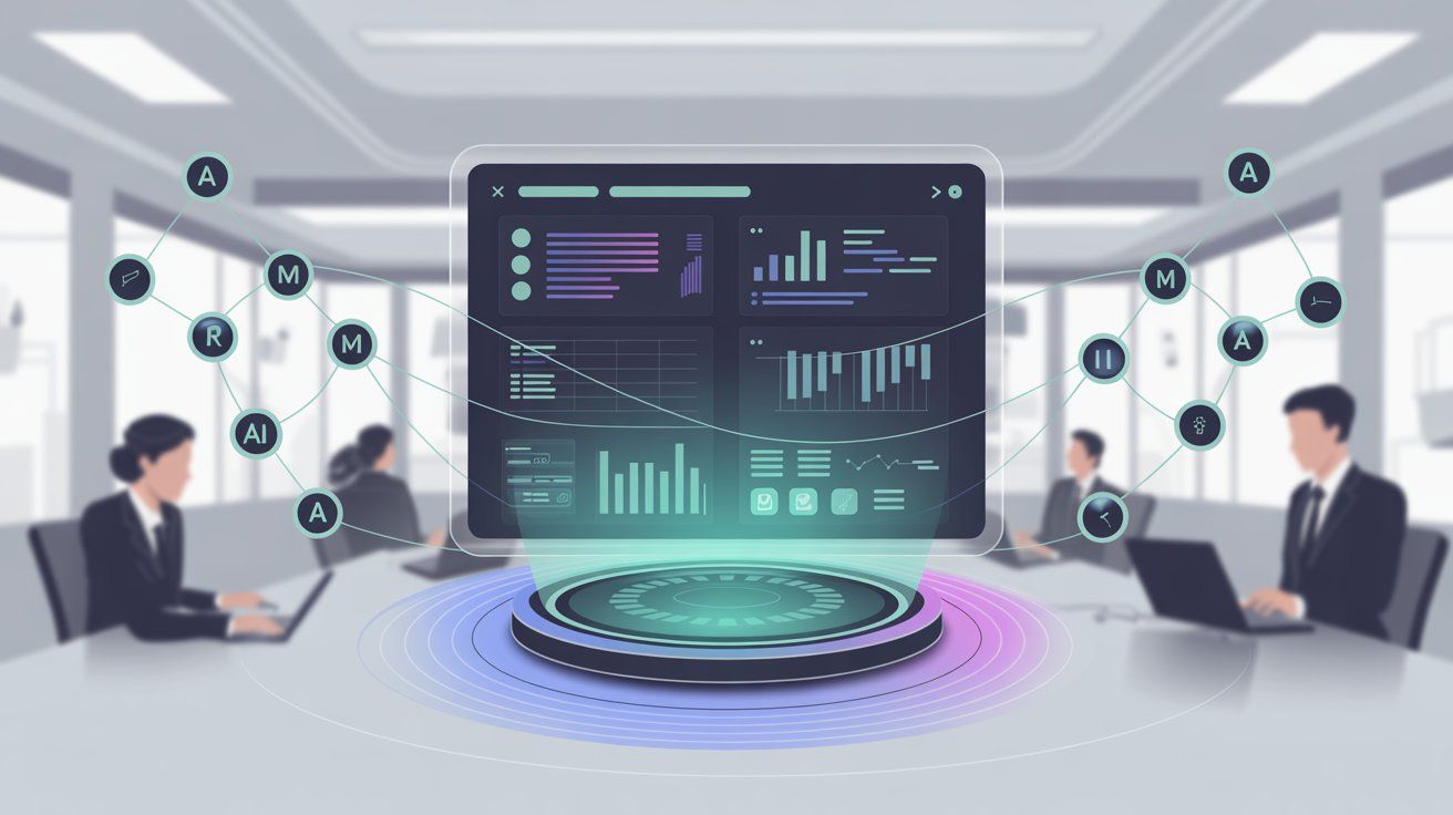 Modern business operations center with AI integration across various functions showing comprehensive technology adoption
