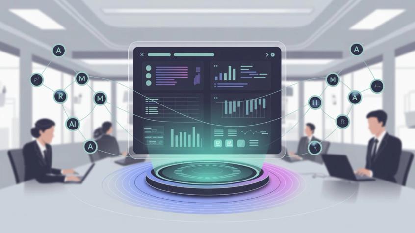 Modern business operations center with AI integration across various functions showing comprehensive technology adoption