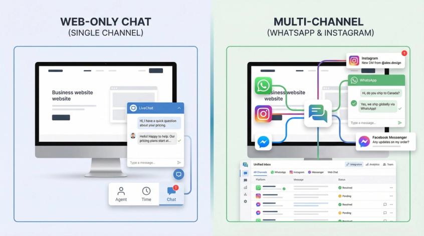 Split-panel comparison showing LiveChat's web-only chat solution on the left versus DelightChat's multi-channel WhatsApp and Instagram messaging on the right