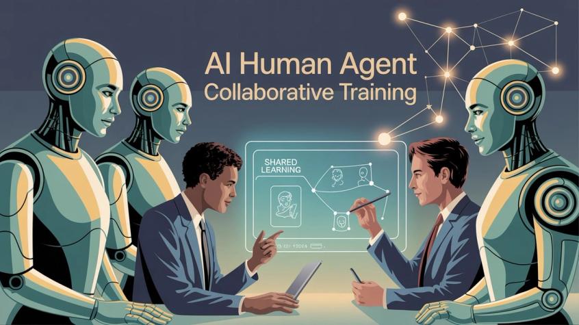 Professional illustration showing AI systems and human agents engaged in collaborative training with shared learning resources and knowledge integration