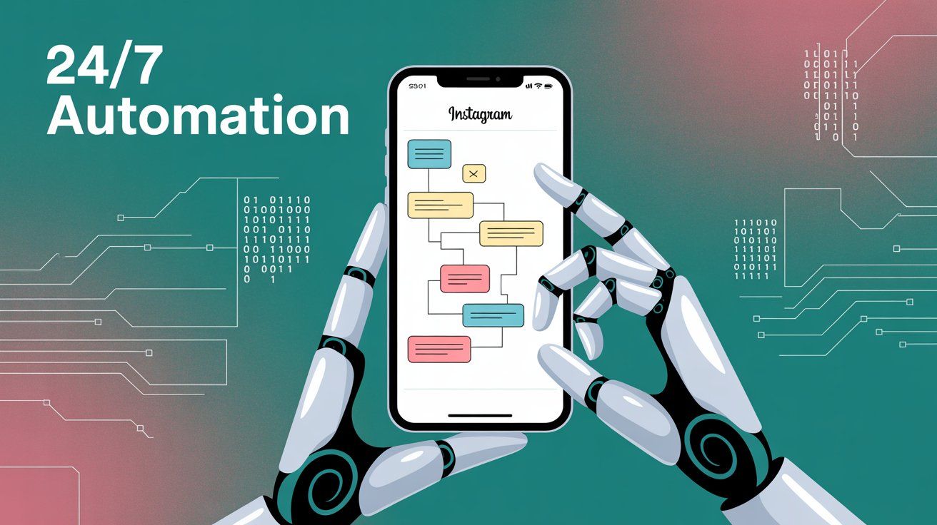 Robot hands holding a smartphone displaying Instagram chat interface with automated messaging, representing 24/7 Instagram bot automation