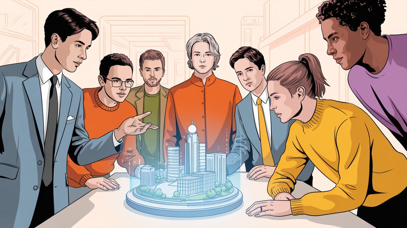 Illustration of diverse people using AI assistants for various tasks like writing, coding, and business work