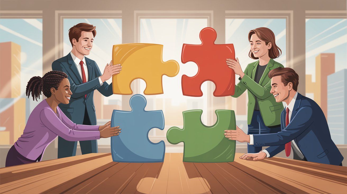 Team collaborating around table representing customer-first culture and organizational alignment