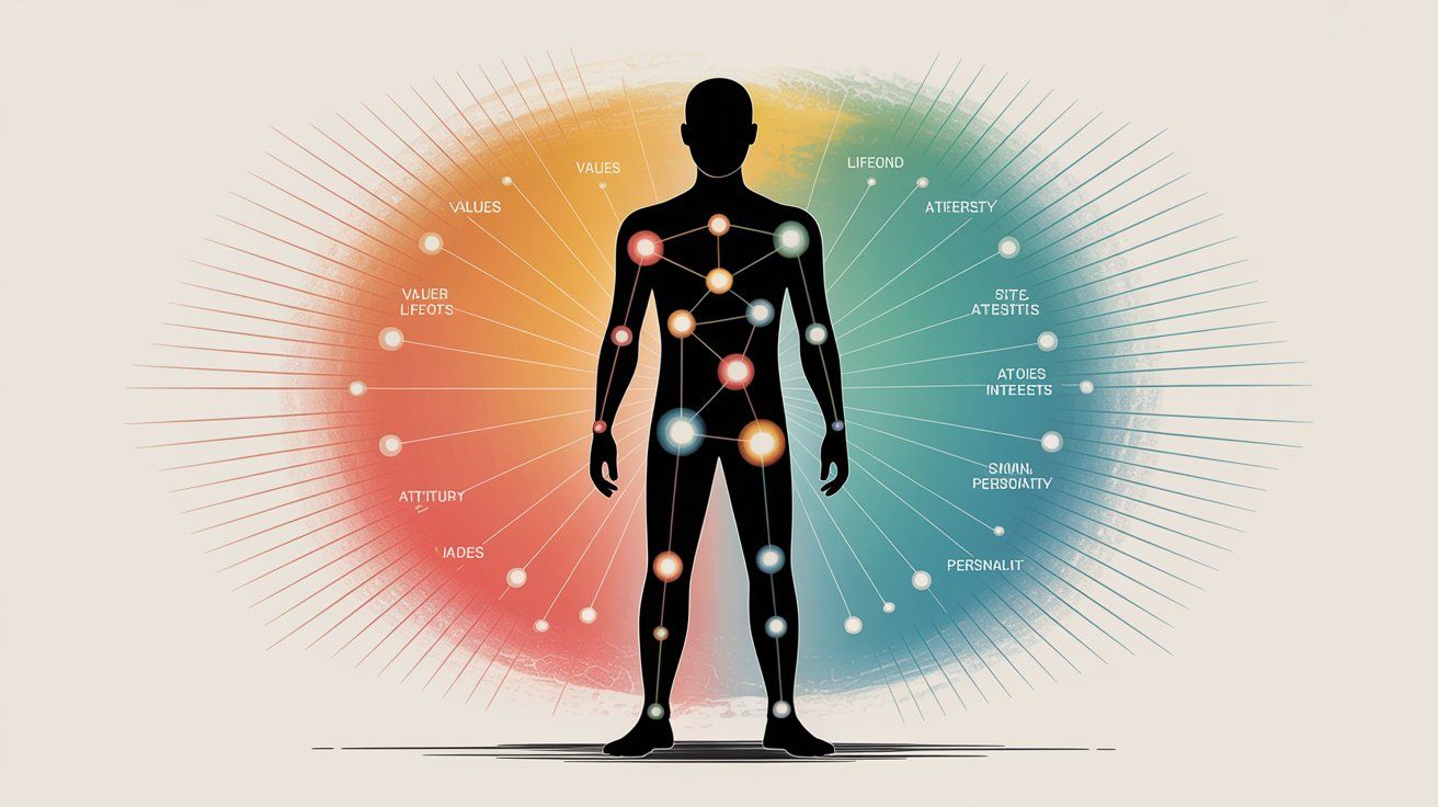 Illustration of human figure with radiating psychographic factors including values, lifestyle, interests, attitudes, and personality