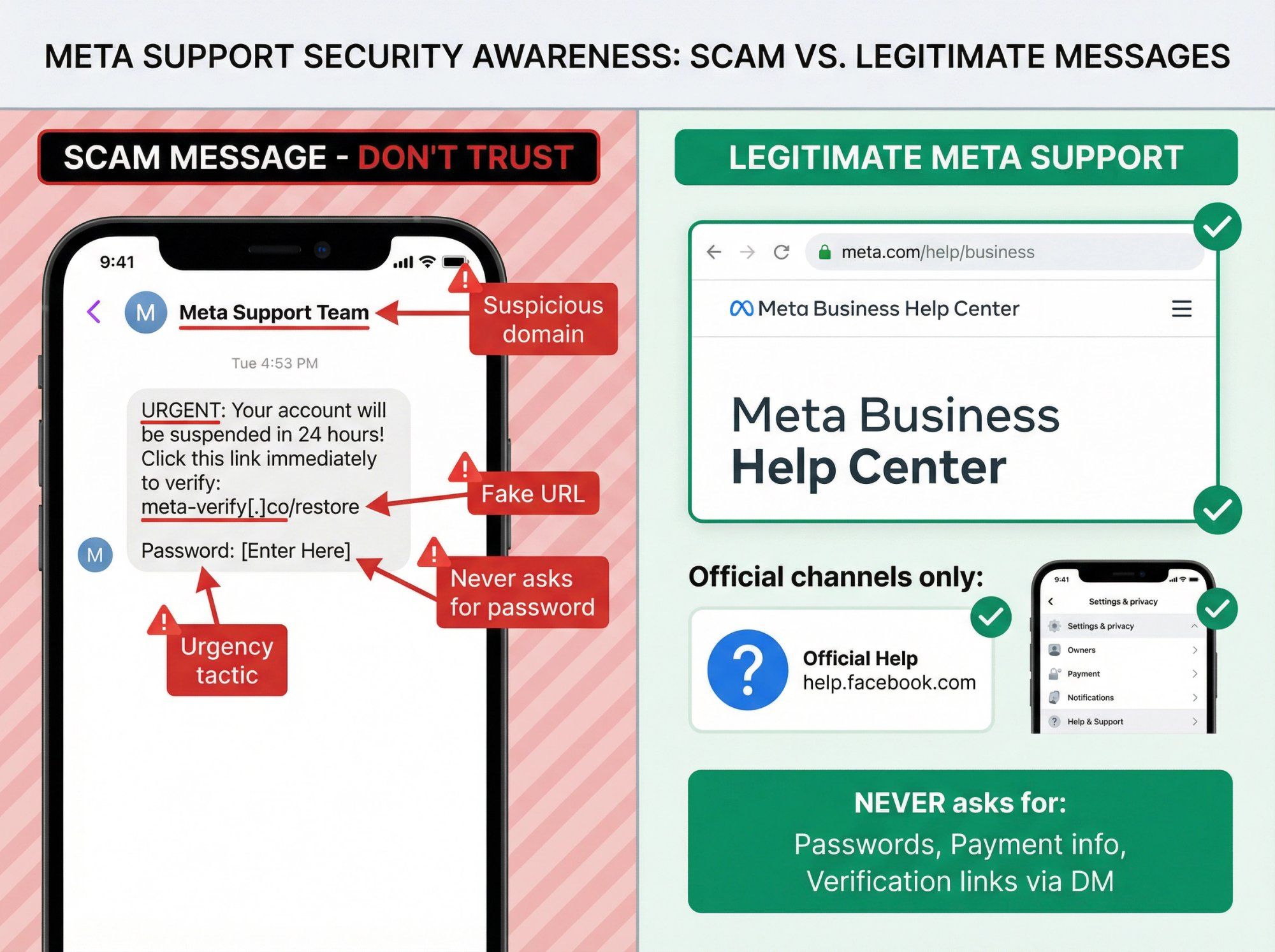 Side-by-side comparison showing fake Meta support scam message vs. legitimate Meta support practices with red flag indicators