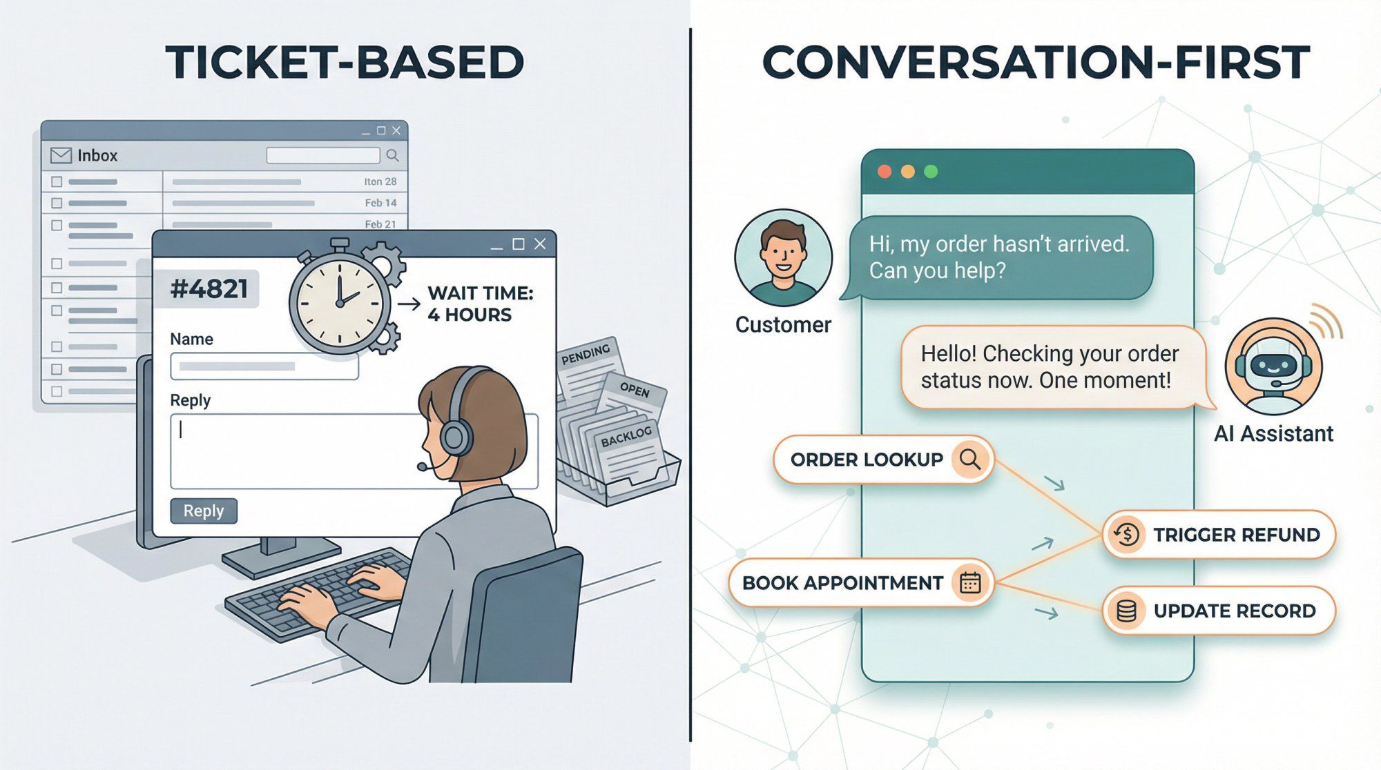 Split illustration contrasting ticket-based support (agent types reply) vs conversation-first platform (system takes actions like order lookup and refund)