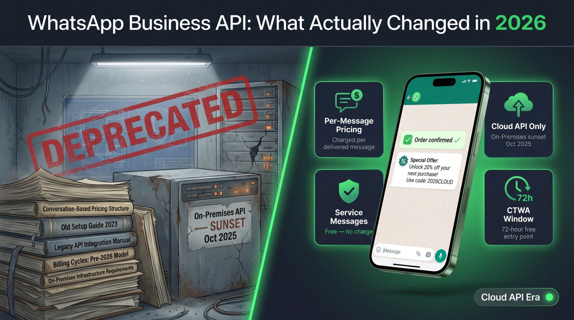Editorial hero illustration showing the 2026 WhatsApp Business API landscape: per-message pricing, Cloud API, and what changed from legacy setup
