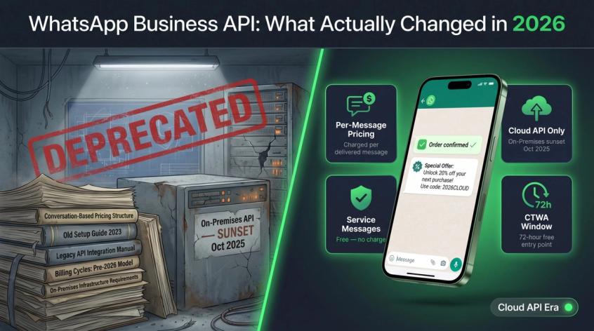 Editorial hero illustration showing the 2026 WhatsApp Business API landscape: per-message pricing, Cloud API, and what changed from legacy setup