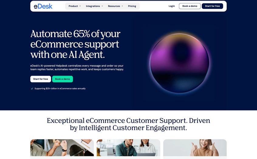 eDesk website landing page promoting an AI-powered helpdesk for eCommerce support.