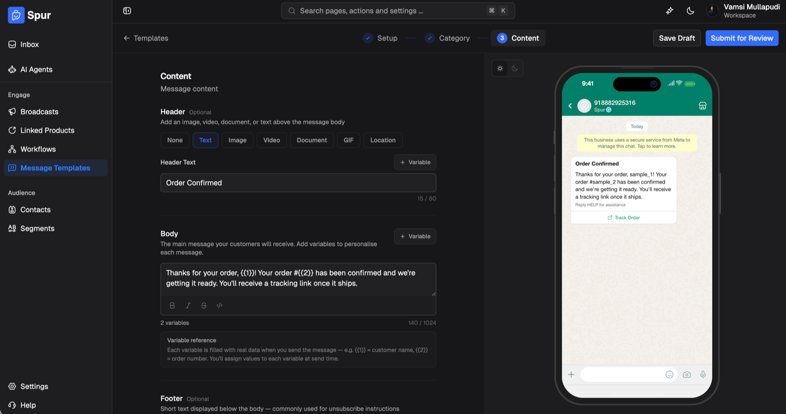 Spur template builder content step with header type options and a WhatsApp phone preview