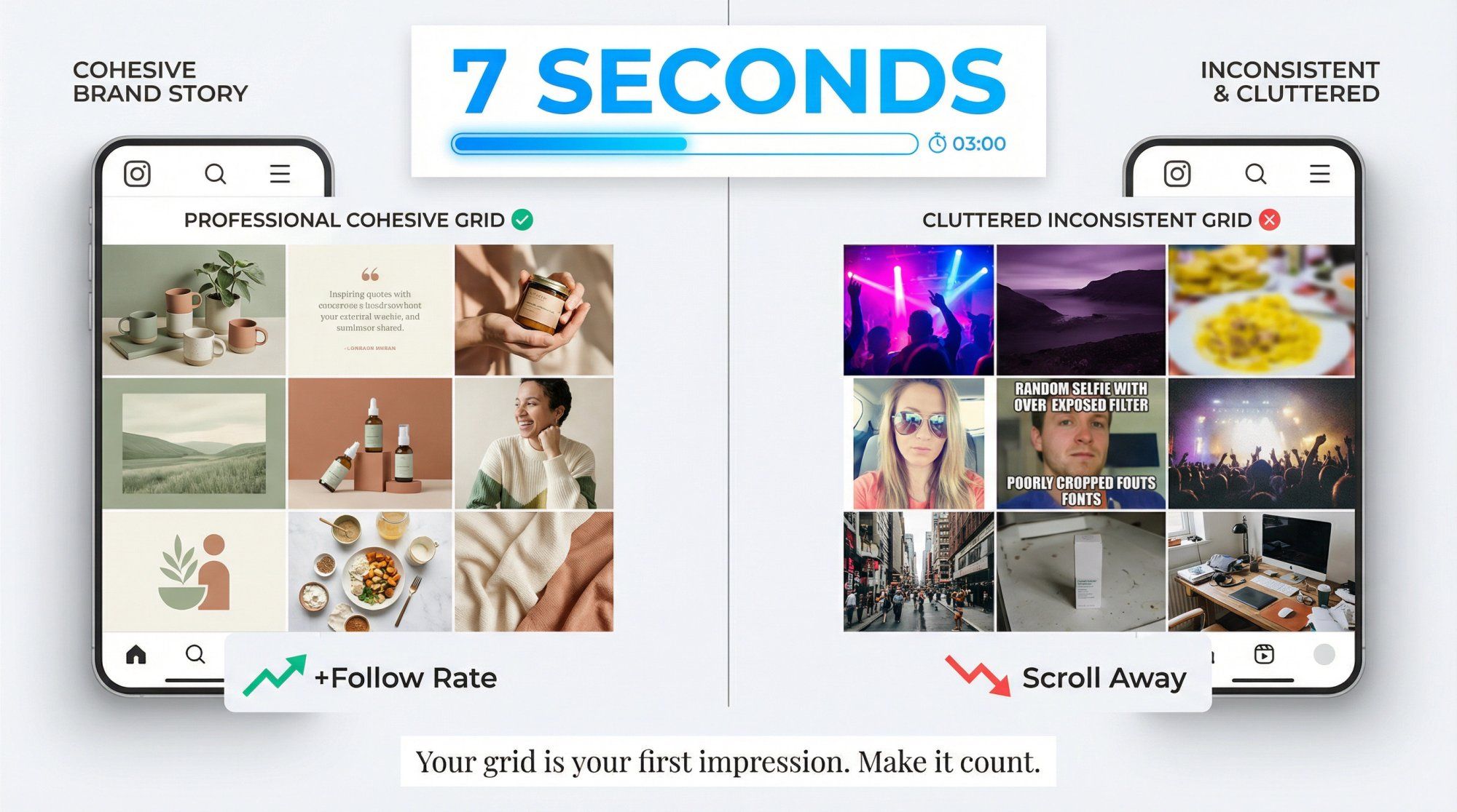 Split-screen comparison showing professional cohesive Instagram grid versus cluttered inconsistent grid with 7-second timer overlay