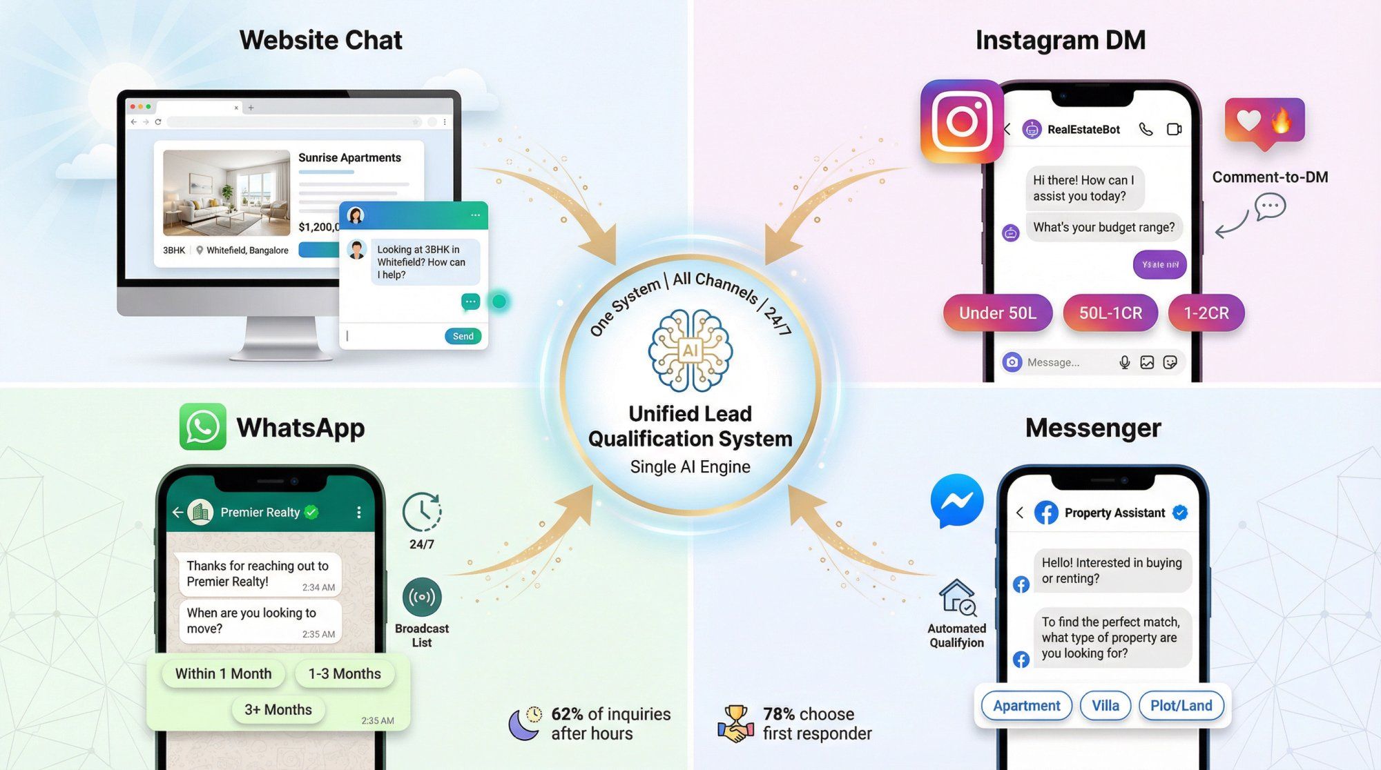 Unified chatbot ecosystem showing real estate leads entering through website chat, Instagram DMs, WhatsApp messages, and Facebook Messenger, all converging into one centralized qualification system