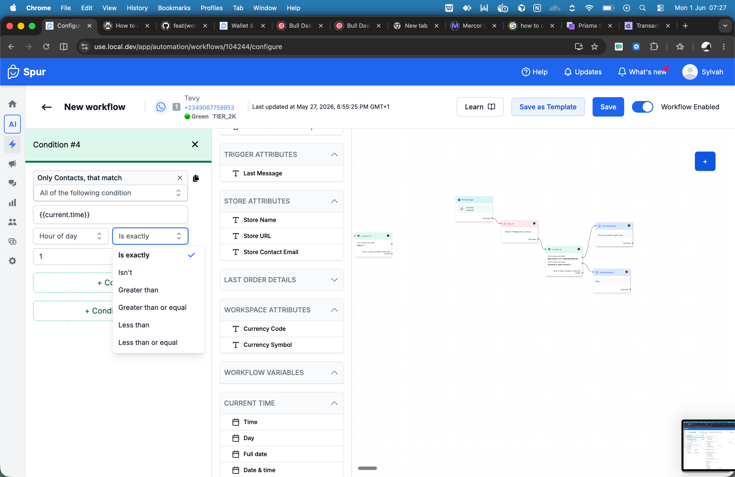 Spur workflow editor showing a condition block comparing {{current.time}} to Hour of day, with comparison operators open.