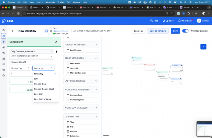 Spur workflow editor showing a condition block comparing {{current.time}} to Hour of day, with comparison operators open.