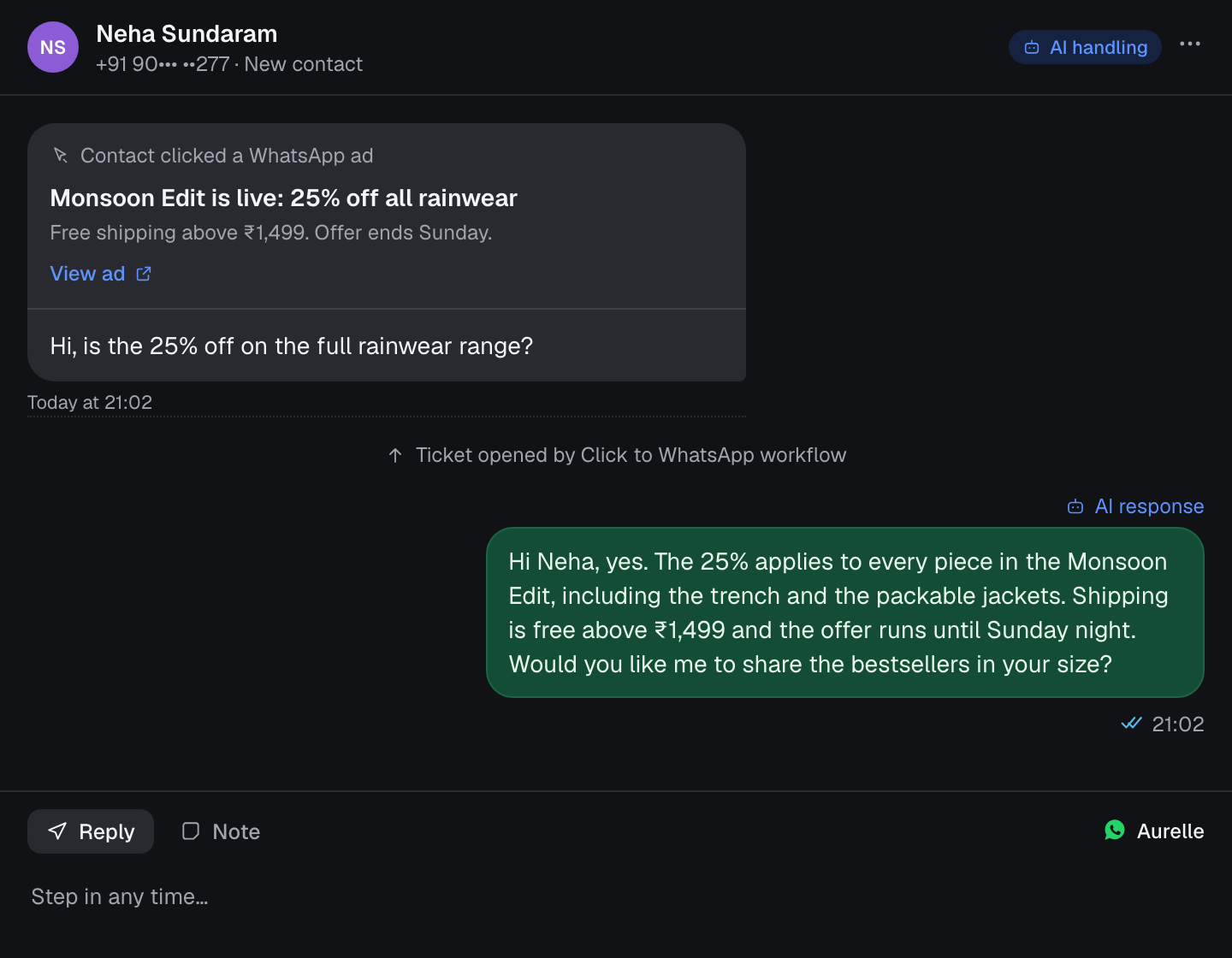 Spur conversation showing a clicked WhatsApp ad card above the first customer message and an AI response