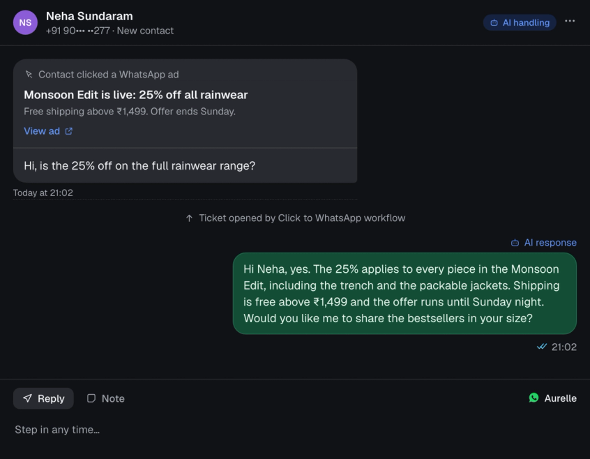 Spur conversation showing a clicked WhatsApp ad card above the first customer message and an AI response