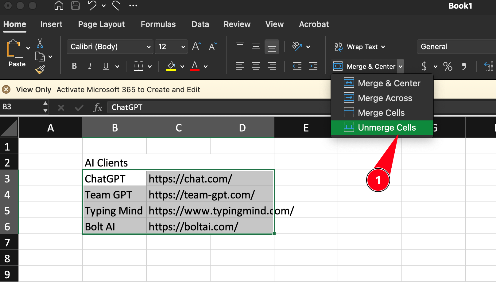 Unmerge cells from the same dropdown