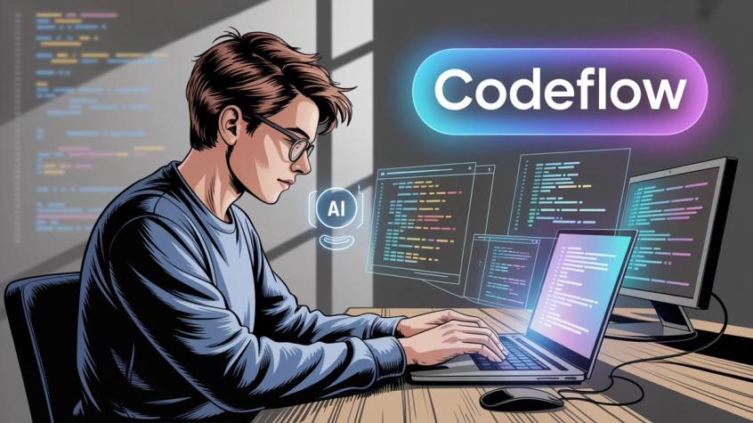 Developer working with AI-assisted coding workflow on multiple monitors showing professional software development environment