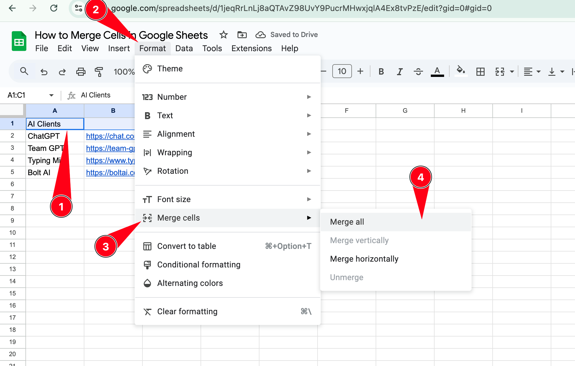 Merge cells using the format menu