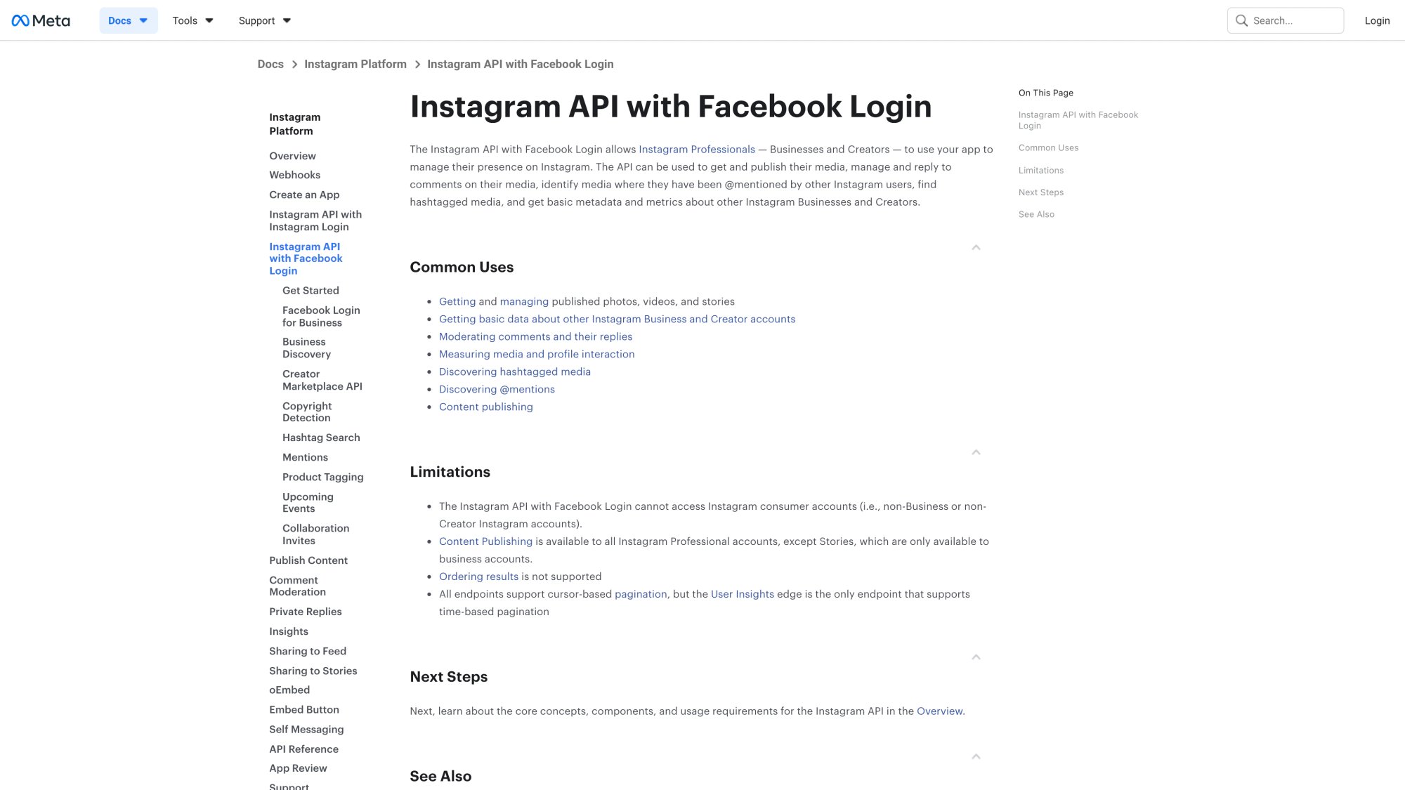 Official Instagram Graph API documentation page showing API endpoints, authentication requirements, and messaging capabilities