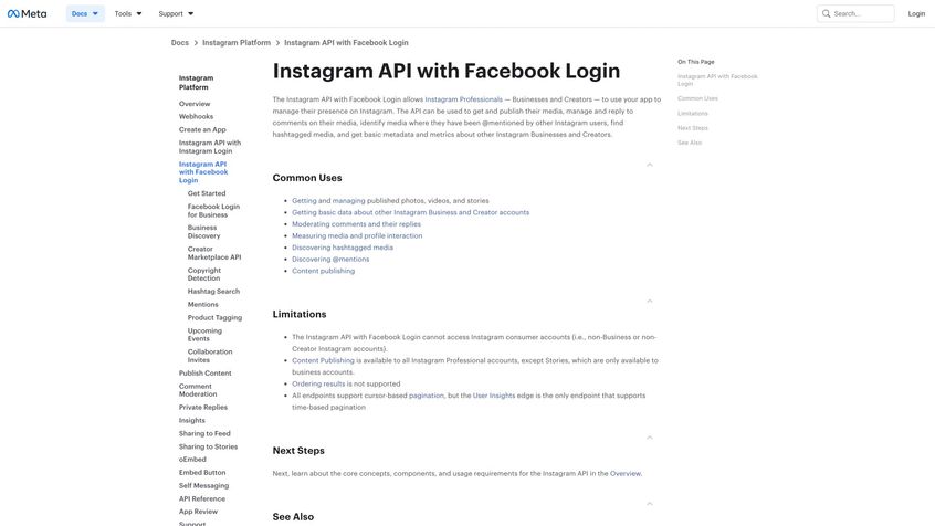 Official Instagram Graph API documentation page showing API endpoints, authentication requirements, and messaging capabilities