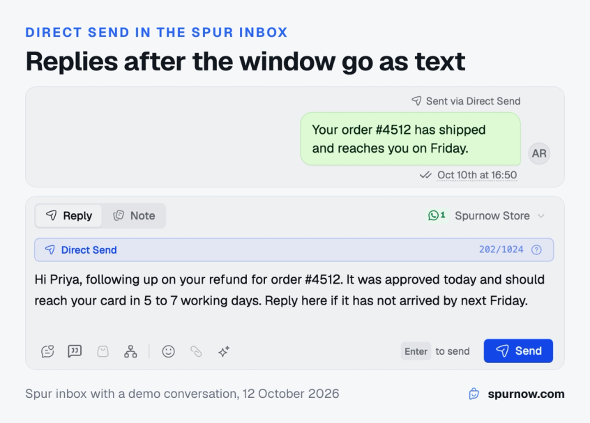 Spur inbox after the 24-hour window: a reply labelled Sent via Direct Send, and the reply composer showing a Direct Send badge with 202 of 1,024 characters used