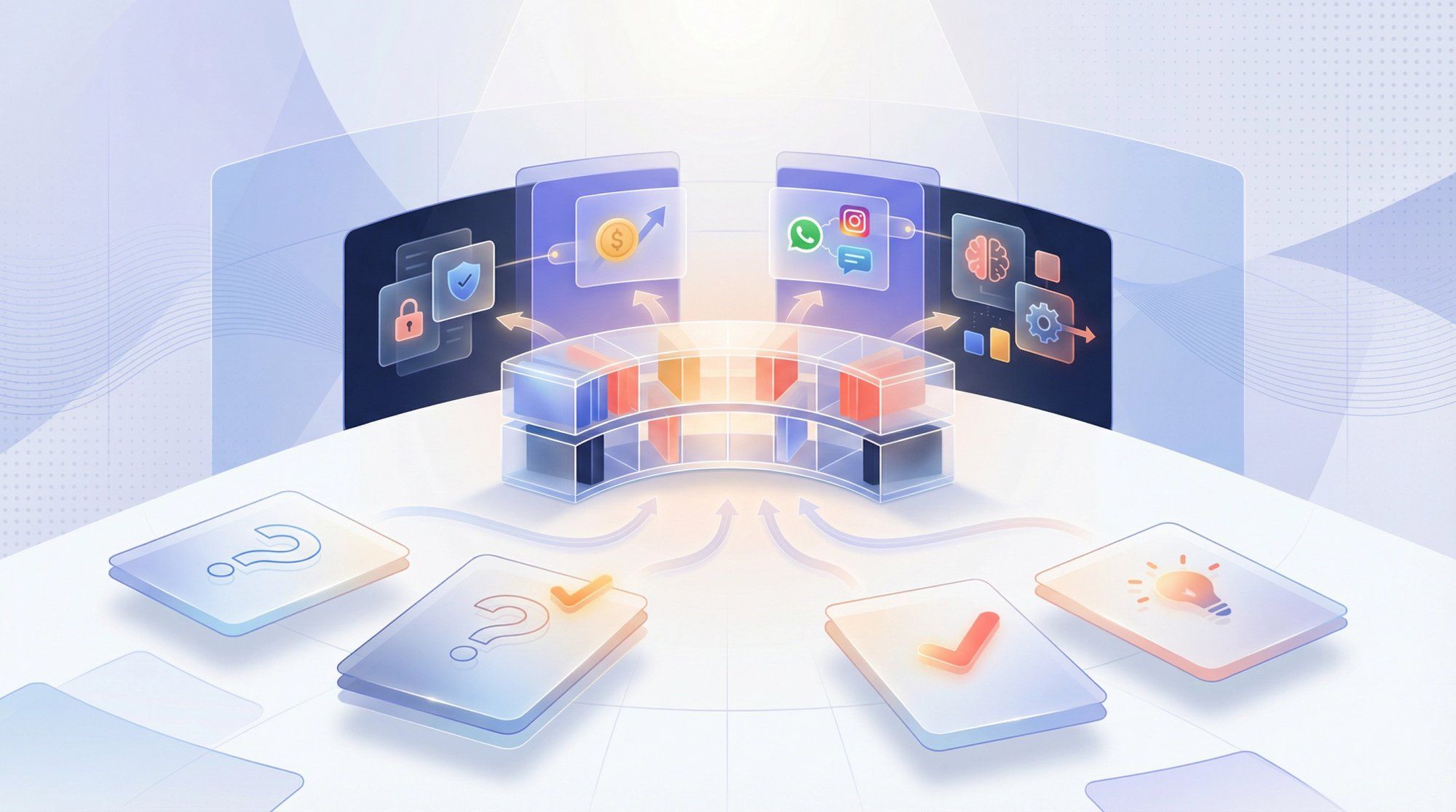Modern illustration showing an organized information hub with clean geometric shapes and soft lighting representing FAQ clarity