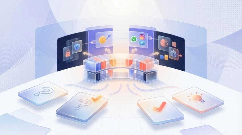 Modern illustration showing an organized information hub with clean geometric shapes and soft lighting representing FAQ clarity